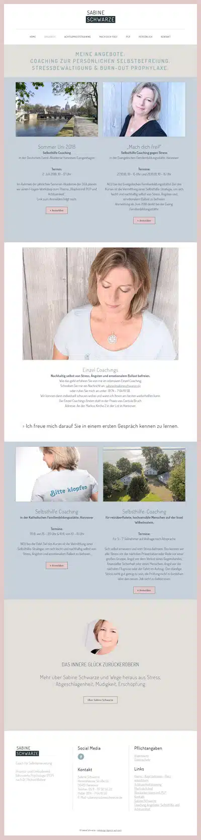 Portfolio Webdesign – Sabine Schwarze, Coach für Achtsamkeit aus Hannover 4 Neue Homepage gestalten - Hier die Angebotsseite von Frau Schwarze, Coach für Selbsterneuerung.