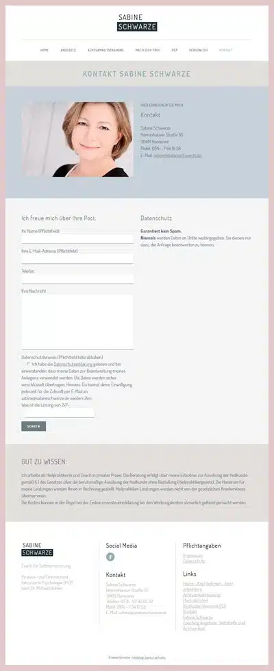 Portfolio Webdesign – Sabine Schwarze, Coach für Achtsamkeit aus Hannover 2 Kontaktformular - Neue Homepage gestalten und umsetzen mit WordPress.