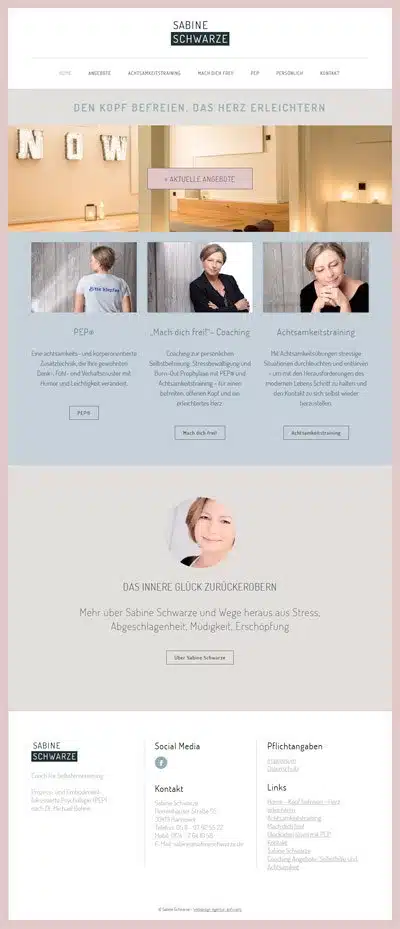 Portfolio Webdesign – Sabine Schwarze, Coach für Achtsamkeit aus Hannover 1 Als Coach braucht man eine gute Website. Das ist Website für Frau Schwarze. Sie ist Coach für Selbsterneuerung.