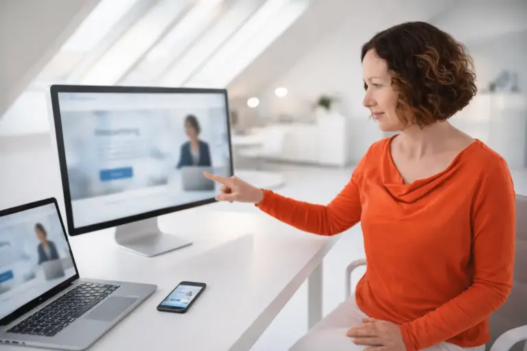 Responsive Webdesign. Die Designerin Claudia Germer zeigt auf einen Entwurf